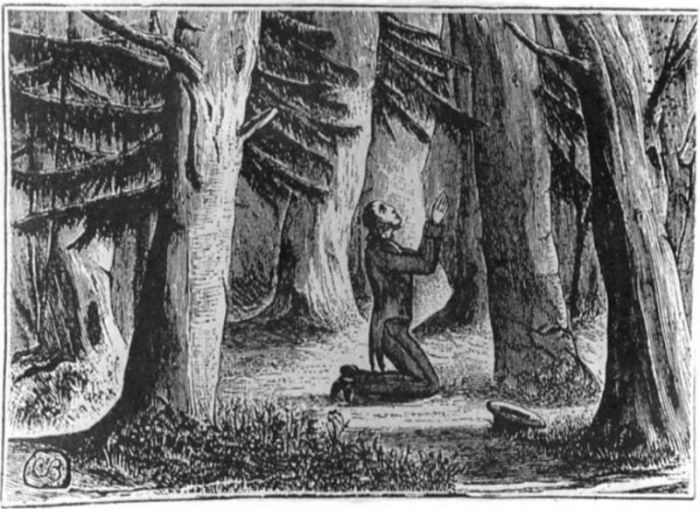 Nineteenth century preacher Charles G. Finney experiencing his conversion experience in the woods.
