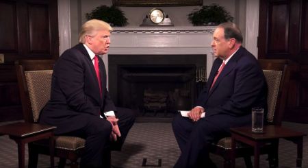 Mike Huckabee interviews President Donald Trump for the first episode of his TBN show "Huckabee" that airs on October 7, 2017.
