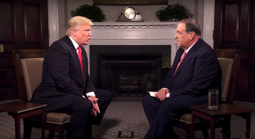 Mike Huckabee interviews President Donald Trump for the first episode of his TBN show "Huckabee" that airs on October 7, 2017.