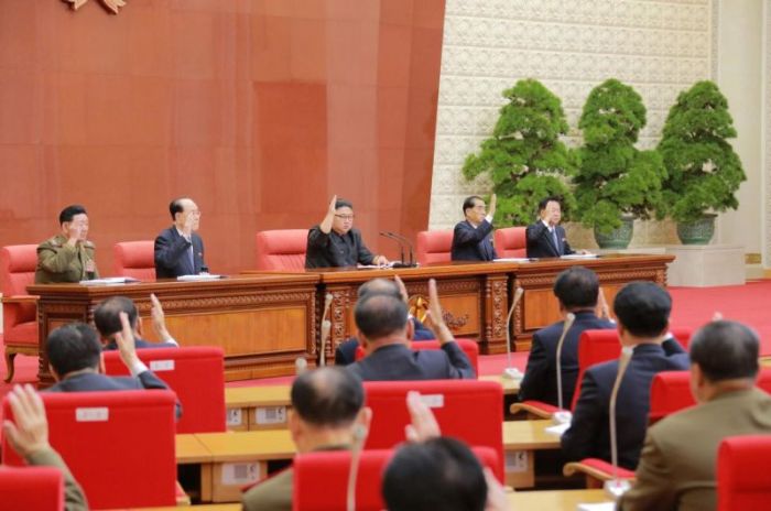 North Korean leader Kim Jong Un speaks during the Second Plenum of the 7th Central Committee of the Workers' Party of Korea at the Kumsusan Palace of the Sun, in this undated photo released by North Korea's Korean Central News Agency in Pyongyang, October 8, 2017.