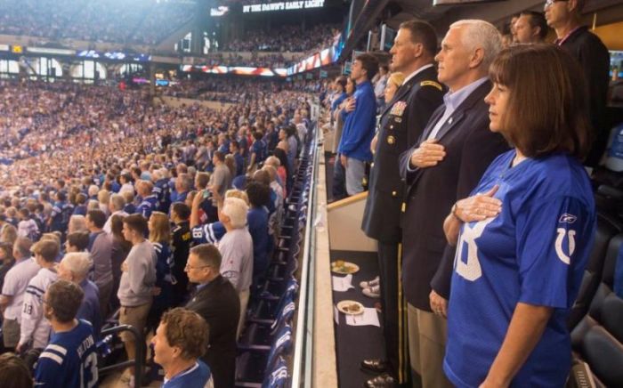 Vice President Mike Pence and Second Lady Karen Pence stand during the national anthem prior to the start of an NFL football game between the Indiana Colts and the San Francisco 49ers at the Lucas Oil Stadium in Indianapolis, Indiana, U.S., October 8, 2017.