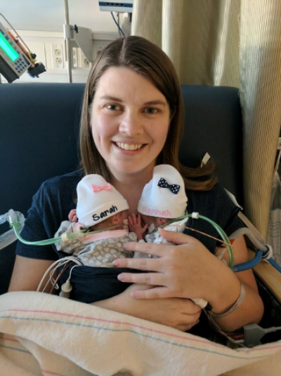 Katie Evans with her preemie twin girls