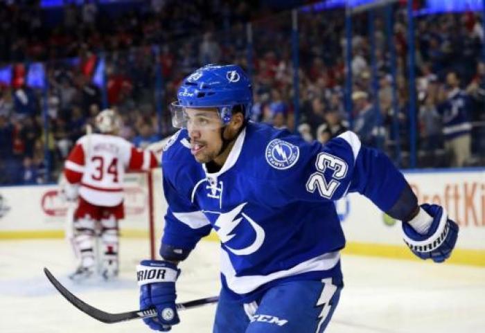 Tampa Bay Lightning right wing J.T. Brown (23) skates to the bench after scoring a goal Feb 3, 2016 in Tampa, Florida.