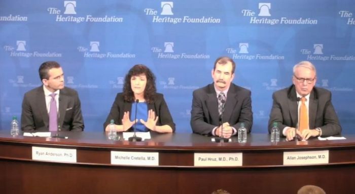 Dr. Michelle Cretella, executive director of the conservative American College of Pediatricians, speaks during a panel discussion at the Heritage Foundation office in Washington, D.C. on October 11, 2017. She is joined by Dr. Allen Josephson of the University of Louisville, Heritage Foundation senior fellow Ryan Anderson and Paul Hruz, a professor of pediatrics, endocrinology, cell biology and physiology at the Washington University School of Medicine.
