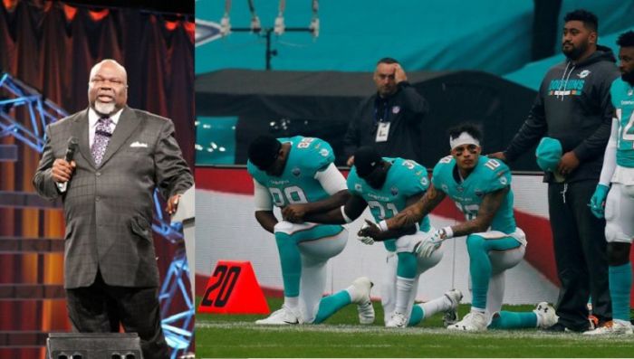 Bishop T.D. Jakes (L) and Miami Dolphins vs New Orleans Saints - NFL International Series - Wembley Stadium, London, Britain - October 1, 2017 Miami Dolphins players kneel during the U.S. national anthem before the match (R).