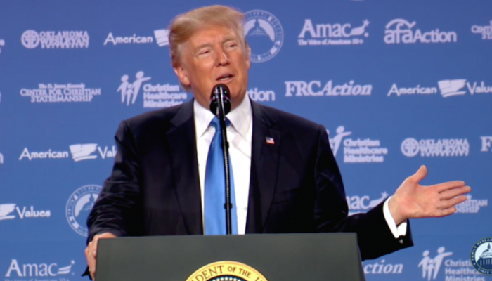 President Donald Trump speaks at the Values Voter Summit in Washington, D.C., October 13, 2017.