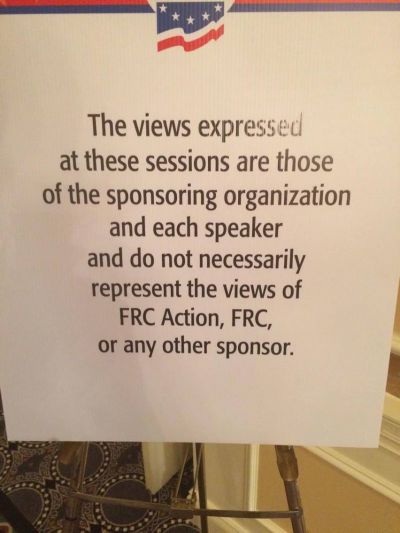 A sign outside the Regency Ballroom where the Family Research Council's Values Voter Summit was held at the Omni Shoreham Hotel in Washington, D.C. October 13 and 14, 2017.