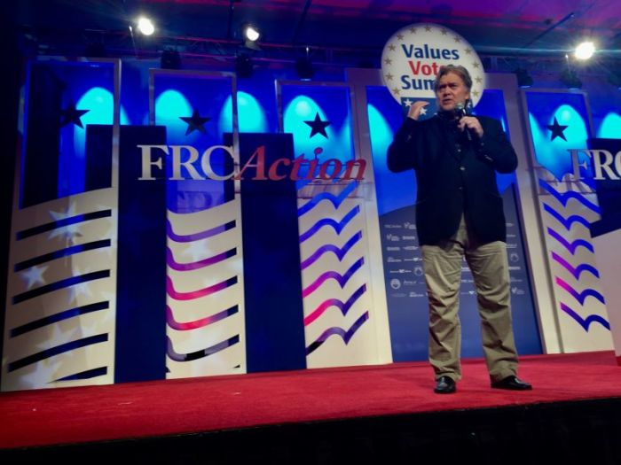 Breitbart News Executive Editor Steve Bannon speaks during the Family Research Council's Values Voters Summit in Washington, D.C. on Oct. 14, 2017.