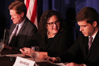 Peter Sprigg (left), Meg Kilgannon (center), and Josh Hetzler (right) speak on a panel at a Values Voter Summit breakout session on transgender activism in public schools at the Omni Shoreham Hotel in Washington, D.C. on October 14, 2017.