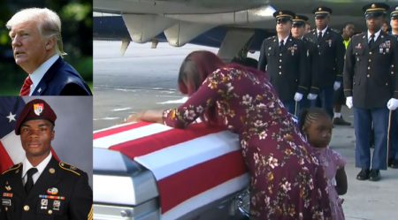 U.S. President Donald Trump (top-L) denies reports that he told Myeshia Johnson (pictured), the grieving widow of Sgt. La David Johnson (bottom-L), that he "knew what he was signing up for." Sgt. Johnson was working with an elite U.S. Army Special Forces unit when he died in northwestern Africa.