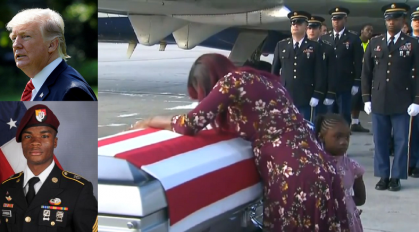 U.S. President Donald Trump (top-L) denies reports that he told Myeshia Johnson (pictured), the grieving widow of Sgt. La David Johnson (bottom-L), that he "knew what he was signing up for." Sgt. Johnson was working with an elite U.S. Army Special Forces unit when he died in northwestern Africa.
