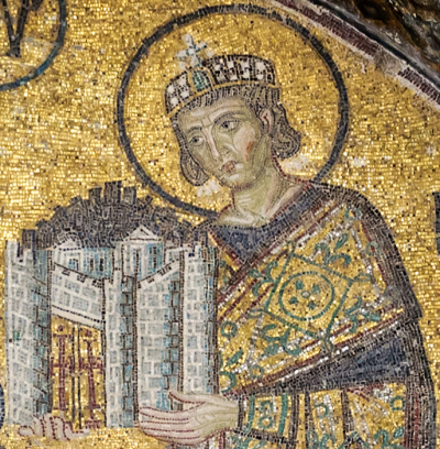 Roman Emperor Constantine the Great, as depicted in a Medieval mosaic at Hagia Sophia in Istanbul, Turkey.