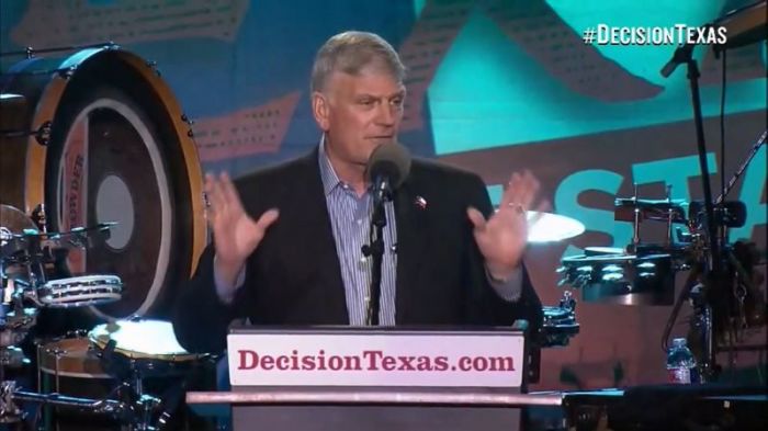 Franklin Graham speaks at his Decision Texas tour before 9,000 people at Maude Cobb Convention and Activity Complex in Longview, Texas, on October 19, 2017.