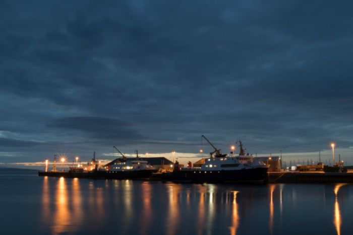 Nightfall over the Kirkwall Harbour in Orkney, Scotland.