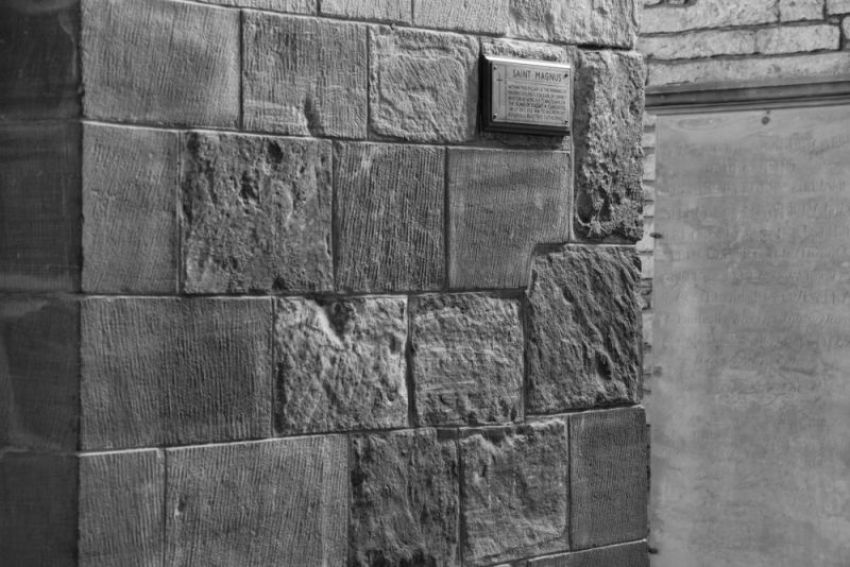 The remains of St. Magnus in the south aisle of St. Magnus Cathedral.