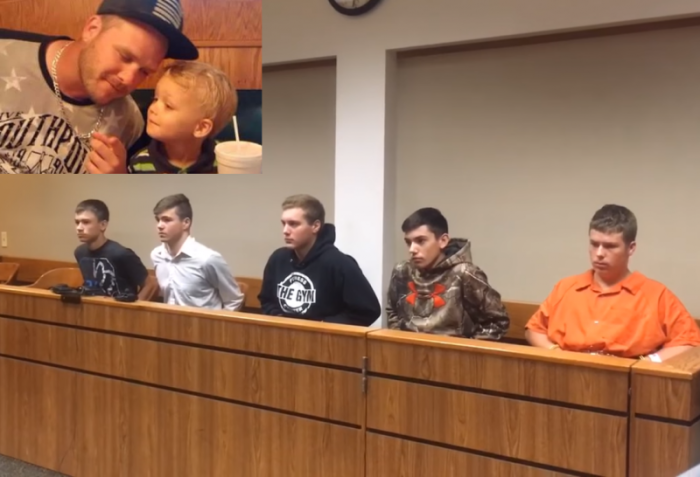 Kyle Anger, 17, 16-year-olds Mark Sekelsky and Mikadyn Payne, and 15-year-olds Alexzander Miller and Trevor Gray, all of Clio, Michigan, face second-degree murder and other charges in the death of Kenneth White, 32 (inset).