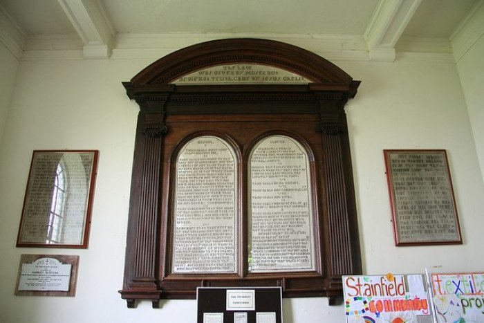 The Tyrwhitt Tapestries. A series of cross stitch embroideries in St.Andrew's church by the Tywhitt ladies for the opening of the church in 1711. The central panels have the Ten Commandments with the two side panels of the Lord's Prayer and the Creed. Photo taken May 10, 2008.