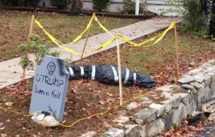 A morbid Donald Trump Halloween display featuring a dead body in a plastic bag has created controversy in a Cortlandt Manor, New York.
