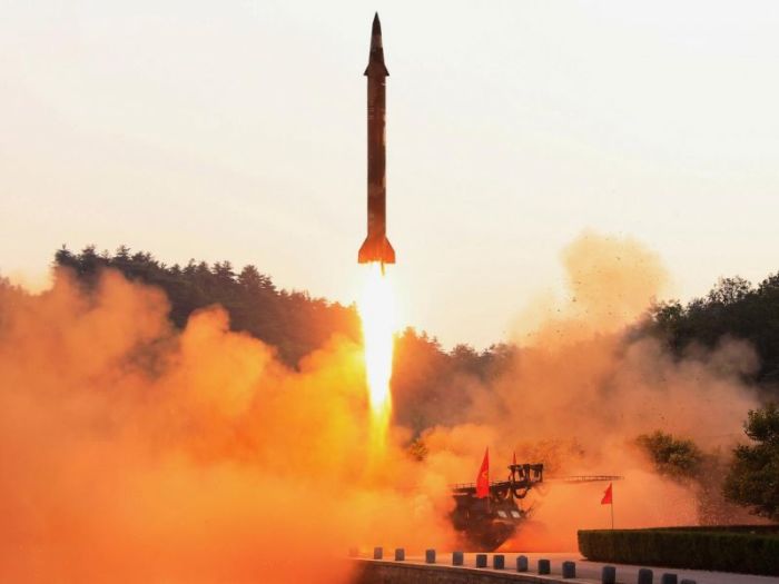 A ballistic rocket is test-fired through a precision control guidance system in this undated photo released by North Korea's Korean Central News Agency (KCNA) May 30, 2017.