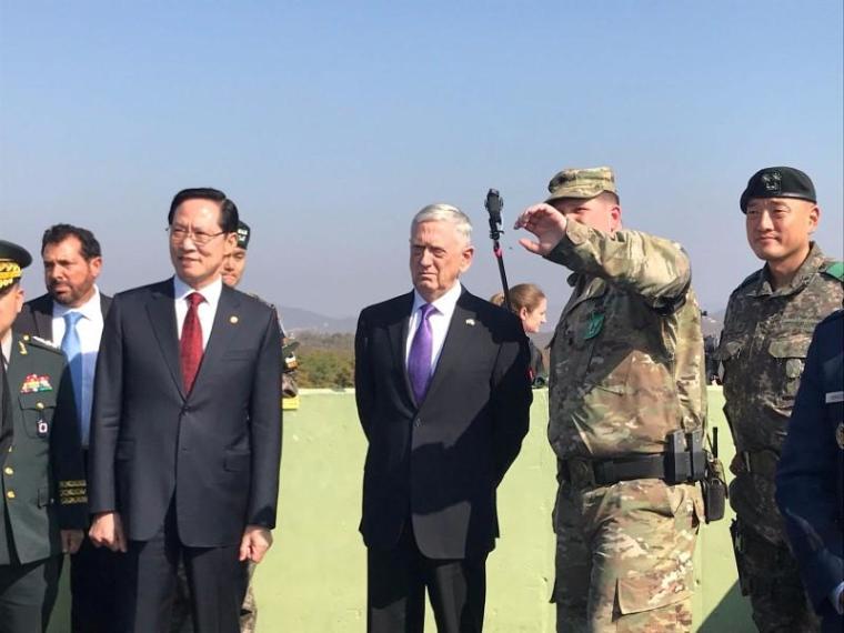 U.S. Defense Secretary Jim Mattis and his South Korean counterpart Song Young-moo peer into North Korea from Observation Post Ouellette in the demilitarized zone separating North and South Korea, October 27, 2017.