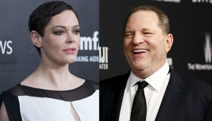 Disgraced Hollywood film producer Harvey Weinstein (R) and actress and activist Rose McGowan (L).