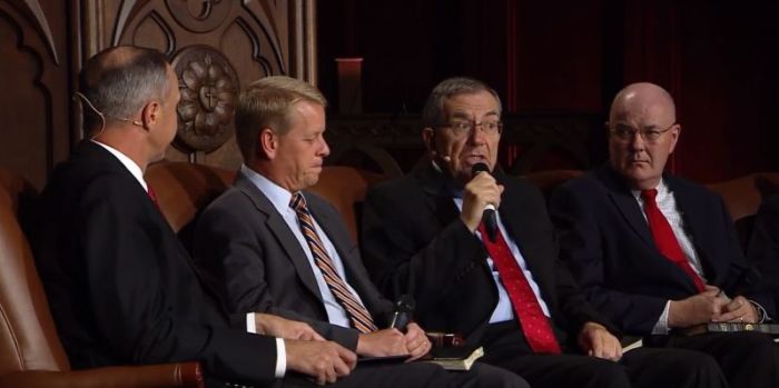 A panel of theologians at the Ligonier Ministries event 'Reformation 500 Celebration' on Tuesday, October 30, 2017. From left to right: Chris Larson, president and CEO of Ligonier Ministries; Stephen J. Nichols, president of Reformation Bible College and chief academic officer for Ligonier Ministries; Sinclair Ferguson, Ligonier Ministries teaching fellow and Chancellor's Professor of Systematic Theology at Reformed Theological Seminary; and Derek W.H. Thomas, senior minister at the First Presbyterian Church in Columbia, South Carolina, and professor at Reformed Theological Seminary.