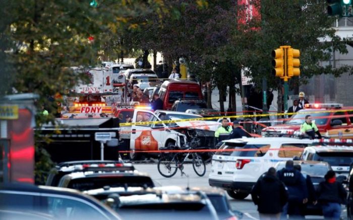 Aftermath of the New York terror attack on Halloween day 2017. Lone attacker Sayfullo Saipov drove a rental truck and plowed pedestrians and cyclists on a bike path along the Hudson River killing and injuring several people.