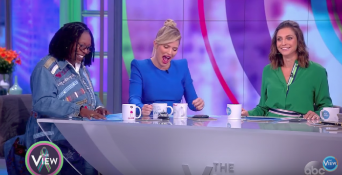 ABC's daytime talk show 'The View' is under fire for bleeping out the name of Jesus. From Left: Whoopi Goldberg, Sara Haines and Paula Faris, New York, October 27, 2017.