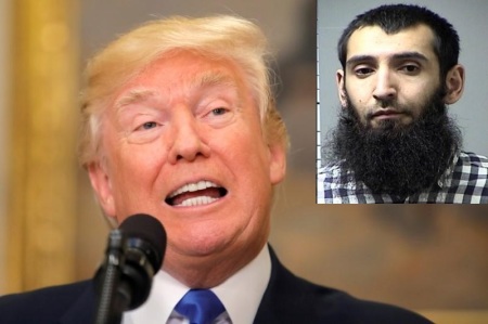 President Donald Trump and Sayfullo Saipov (inset), the unrepentant 29-year-old Uzbekistan immigrant suspected of killing eight people and injuring at least 11 others in a terror attack in New York City on Tuesday October 31, 2017.