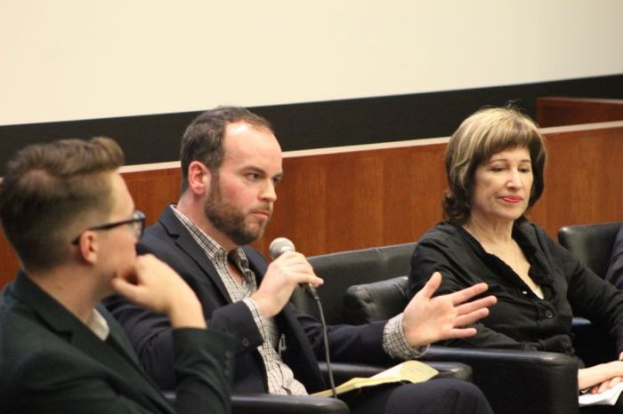 Brendan O'Neill (C), editor of Spiked explains why Nazis should have free speech at an 'Unsafe Space' event held at New York University School of Law in Lower Manhattan on November 2, 2017. Tom Slater (L), deputy editor of Spiked and Laura Kipnis (r) a feminist essayist and professor of media studies at Northwestern University (R) listen.