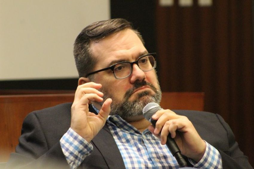 Angus Johnston, a historian of student activism and student government, and a professor at the City University of New York discusses free speech at the New York University School of Law auditorium on November 2, 2017.