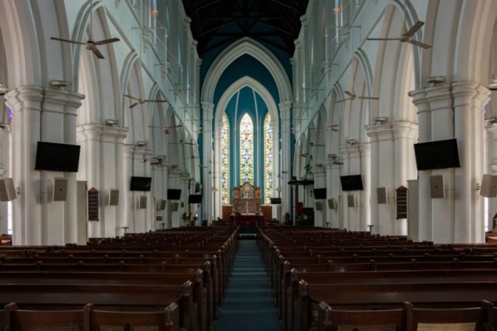 Looking down the nave of St. Andrew's Cathedral, the British colonial-era Anglican cathedral in Singapore.