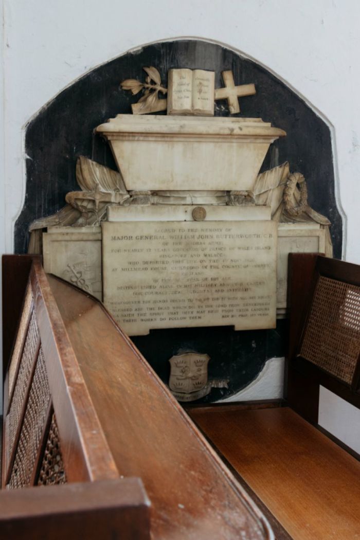 Almost hidden by pews in the south aisle of the nave in St. Andrew's Cathedral is this memorial to William John Butterworth (1801-1856), formerly a colonial governor and sometime soldier in East India Company's Madras Army.