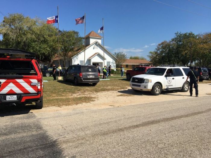 Police and rescue vehicles sit outside First Baptist Church of Sutherland Springs, Texas, after a gunman opened fire during Sunday service on November 5, 2017.