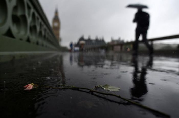 A man walks past a flower in a puddle next to newly installed security barriers on a wet and windy morning on Westminster Bridge, in London, Britain, June 6, 2017.
