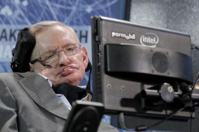 Physicist Stephen Hawking sits on stage during an announcement of the Breakthrough Starshot initiative with investor Yuri Milner in New York April 12, 2016.