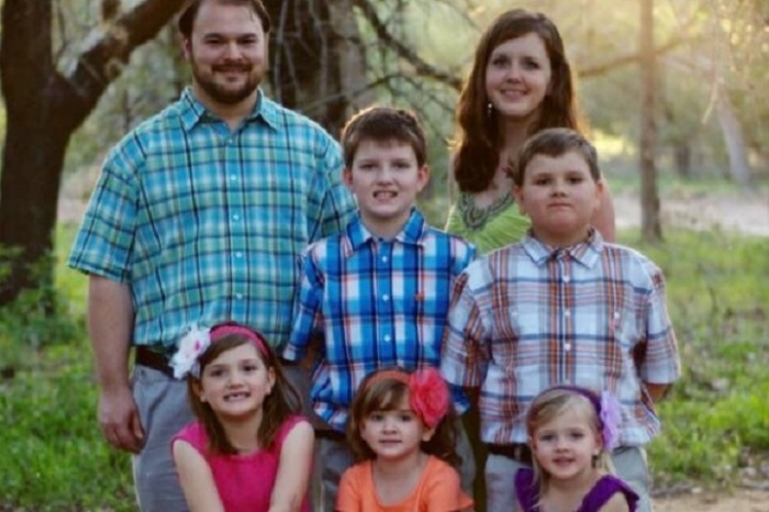Crystal Holcombe and her husband John (back row) before she and three of her five children (pictured) were killed in a murderous rampage by Devin Kelley, 26, at First Baptist Church in Sutherland Springs, Texas, on November 5, 2017.