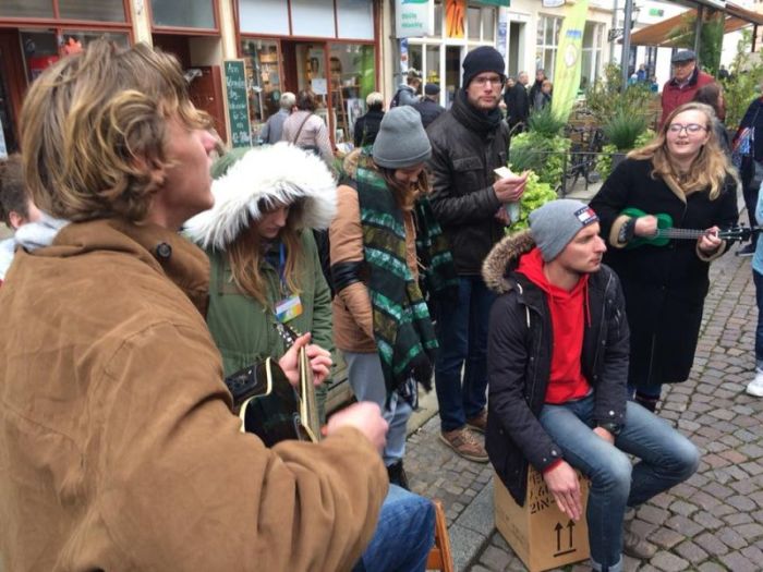 A YWAM outreach team worships God in the main street in downtown Wittenberg, Germany, on Oct. 31, 2017.