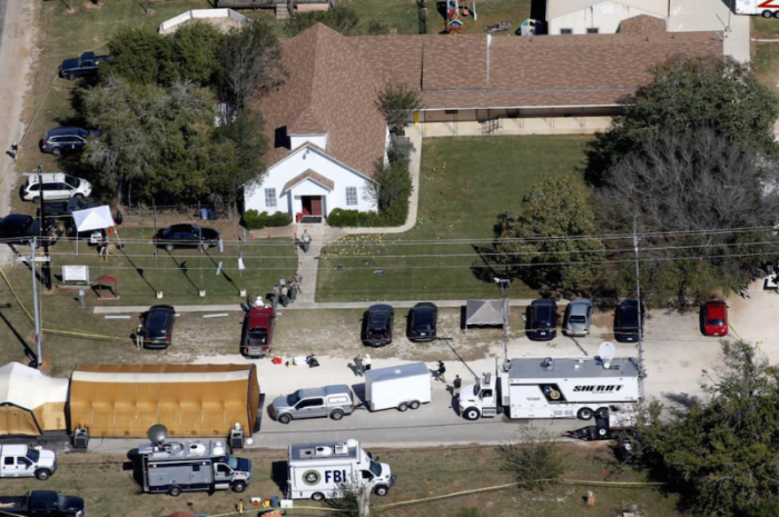 An aerial photo showing the site of a mass shooting at the First Baptist Church of Sutherland Springs, Texas, U.S., November 6, 2017.