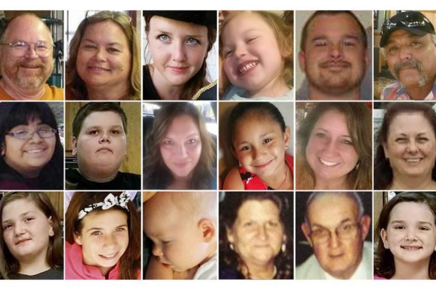 Eighteen of the 26 victims who were fatally shot by Devin Kelley at First Baptist Church of Sutherland Springs, Texas, on November 5, 2017. They are (1st row L-R) Bryan Holcombe, Karla Holcombe, Crystal Holcombe, Brook Ward, Marc Daniel "Danny" Holcombe, Richard Rodriguez; (2nd row L-R) Annabelle Pomeroy, Greg Hill, Joann Ward, Emily Garza, Tara McNulty and Shani Corrigan; (3rd row L-R) Emily Hill, Haley Krueger, Noah Holcombe, Sara Johnson, Dennis and Megan Hill.