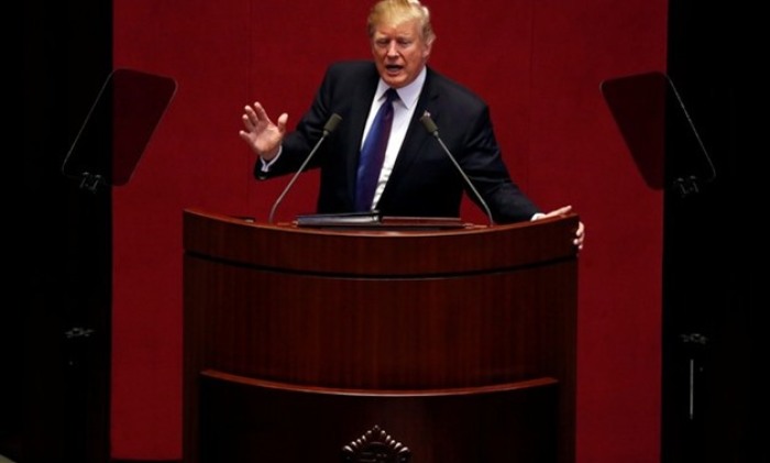 U.S. President Donald Trump speaks at the South Korean National Assembly in Seoul, South Korea, November 8, 2017.