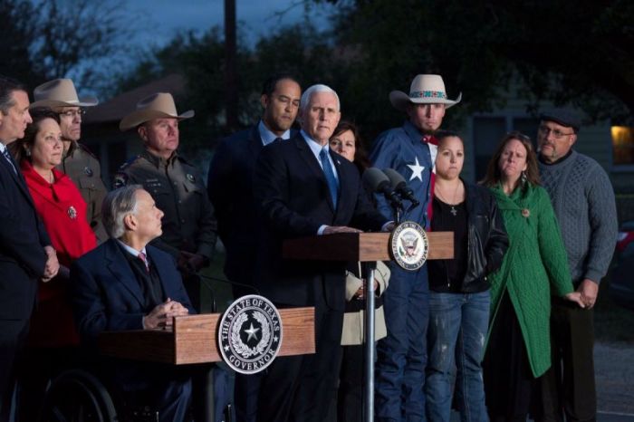 Vice President Mike Pence is surrounded by faith leaders, state political representatives and heroes as he addresses the community of Sutherland Springs, Texas on Wednesday November 8, 2017. On Pence's left is his wife Karen, Johnnie Langendorff, and his girlfriend Summer Caddell and Sherri and Frank Pomeroy who lead the First Baptist Church of Sutherland Springs where 26 people were killed and 20 others injured on Sunday November 5. At the far left of the photo is Republican Texas Sen. Ted Cruz and Texas Gov. Greg Abbott.
