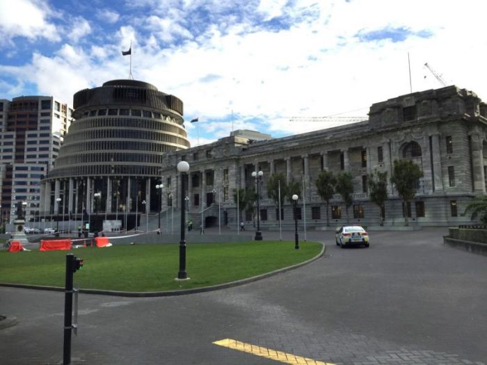 A police car is seen in front of the parliament building in Wellington, New Zealand, September 21, 2017.
