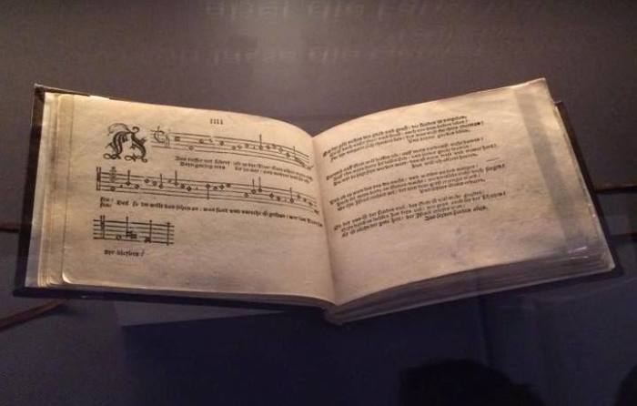 A Reformation-era hymnbook used in services inside the Lutherhaus museum in Wittenberg, Germany.