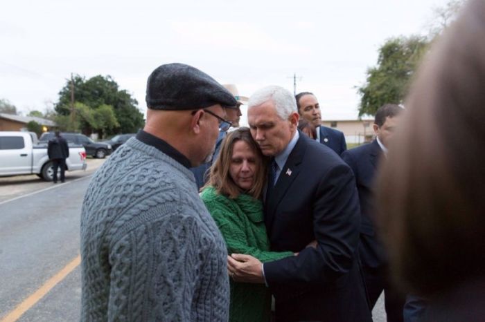 Vice President Mike Pence comforts the Sherri Pomeroy, wife of Frank Pomery, past of First Baptist Church of Sutherland Springs in Texas during a visit on Wednesday November 8, 2017.