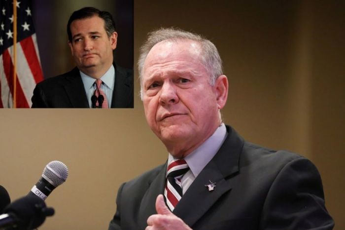 Embattled Republican nominee for Senate in Alabama Judge Roy Moore and Sen. Ted Cruz. R-Texas (inset).