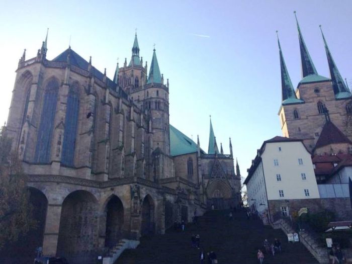 The Cathedral of Saint Mary (left) and the Church of Saint Severus (right) in Erfurt, Germany.