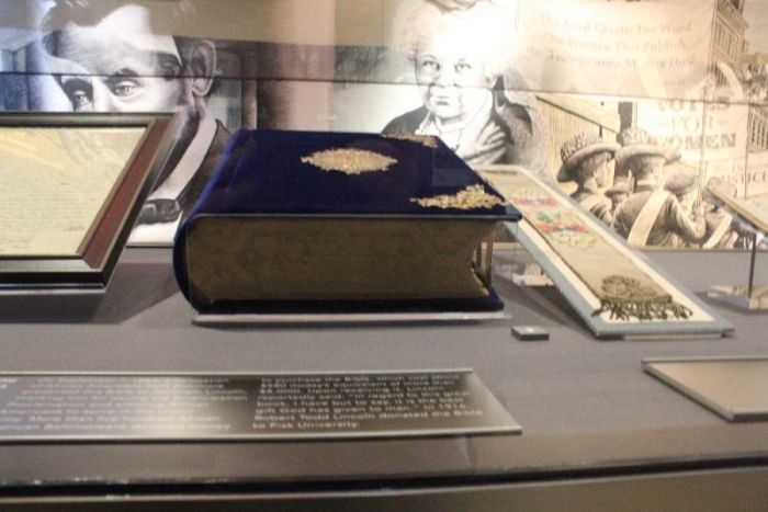 A Bible given to President Abraham Lincoln in 1864 by a group of African-Americans sits in the Museum of the Bible in Washington, D.C.