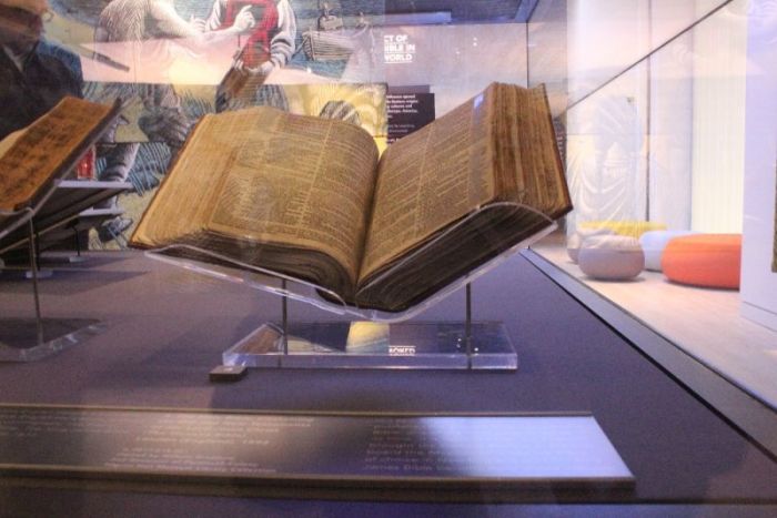 William Bradford's Bible sits on display at the Museum of the Bible in Washington, D.C. on Nov. 14, 2017.