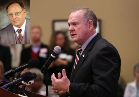 Judge Roy Moore speaks as he participates in the Mid-Alabama Republican Club's Veterans Day Program in Vestavia Hills, Alabama, U.S., November 11, 2017. (Inset) Dr. David Gonnella, pastor of Magnolia Springs Baptist Church in Theodore, Alabama.